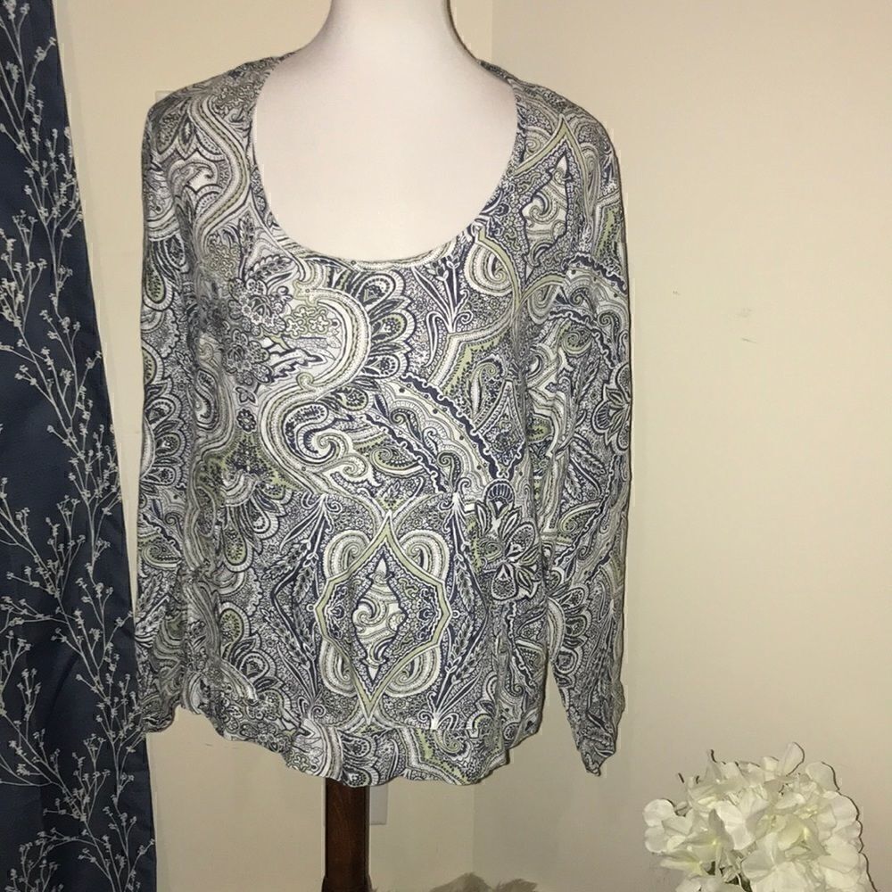Flax Paisley Top Kangaroo Pocket Linen Lagenlook